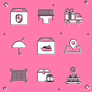 Set Delivery box security shield, Scanner scanning bar code, truck with gift Stock-Illustration