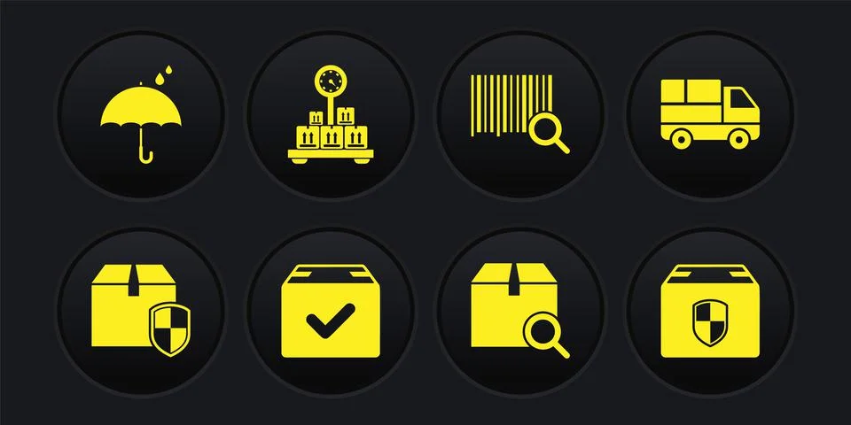 Set Delivery box security shield, truck with boxes, Package check mark, Search Illustrazione stock