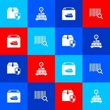 Set Delivery box security shield, Scale with cardboard, Cargo ship boxes and 스톡 일러스트