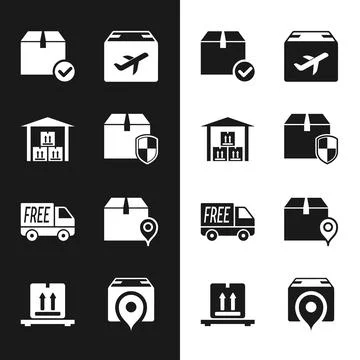 Set Delivery box security shield, Warehouse, Package with check mark, Plane.. Stock Illustration