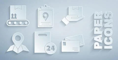 Set Delivery with cardboard boxes, hand, Placeholder on map paper, Envelope Stock Illustration