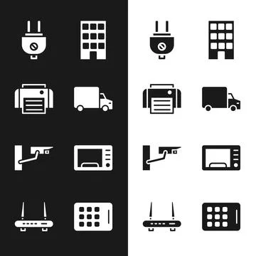 Set Delivery cargo truck, Printer, Electric plug, House, Security camera, M.. Stockillustratie