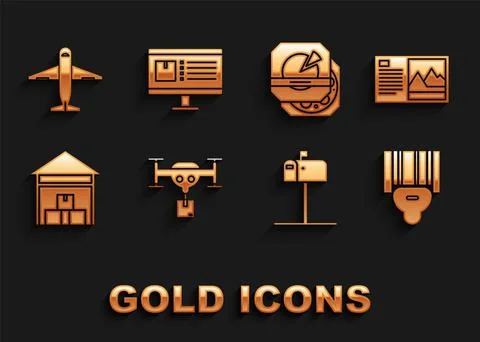 Set Delivery drone with the package, Postcard, Scanner scanning bar code, Open Stock Illustration