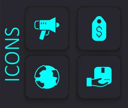 Set Delivery hand with box, Megaphone, Price tag dollar and Worldwide icon Stock Illustration