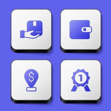 Set Delivery hand with box, Wallet, Cash location pin and Medal icon. White Illustration