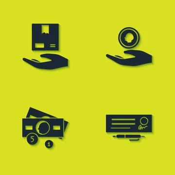 Set Delivery hand with boxes, Bank check pen, Stacks paper money cash and Hand Stock Illustration