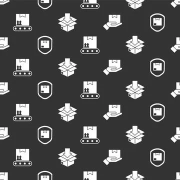 Set Delivery hand with boxes, Delivery pack security with shield, Conveyor belt Illustrazione stock