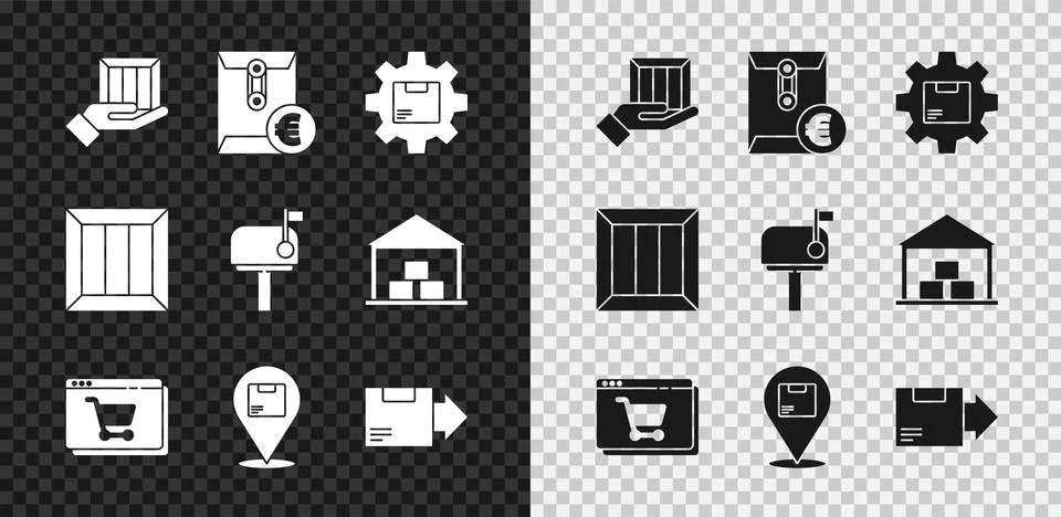Set Delivery hand with boxes, Envelope euro symbol, Gear wheel package, Online Stock Illustration