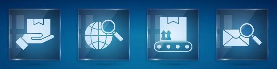 Set Delivery hand with boxes, Magnifying glass with globe, Conveyor belt with Stock Illustration