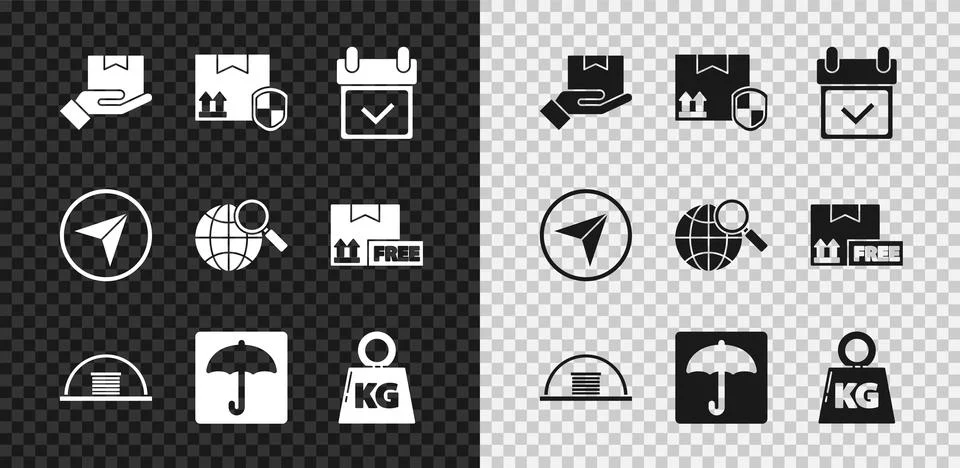 Set Delivery hand with boxes, pack security shield, Calendar check mark, Hangar Stock Illustration