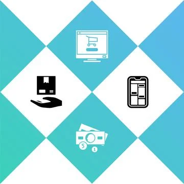 Set Delivery hand with boxes, Stacks paper money cash, Shopping cart computer Stock Illustration