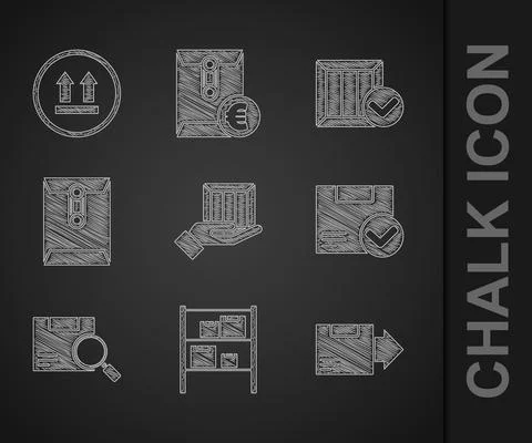 Set Delivery hand with boxes, Warehouse, Carton cardboard, Package check mark Stock Illustration