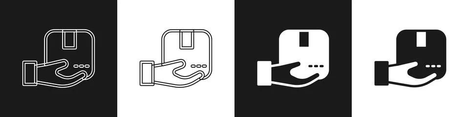 Set Delivery hand with cardboard boxes icon isolated on black and white Illustration