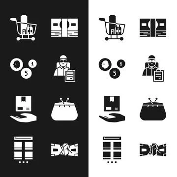 Set Delivery man with cardboard boxes, Coin money, Shopping cart and food Stock Illustration