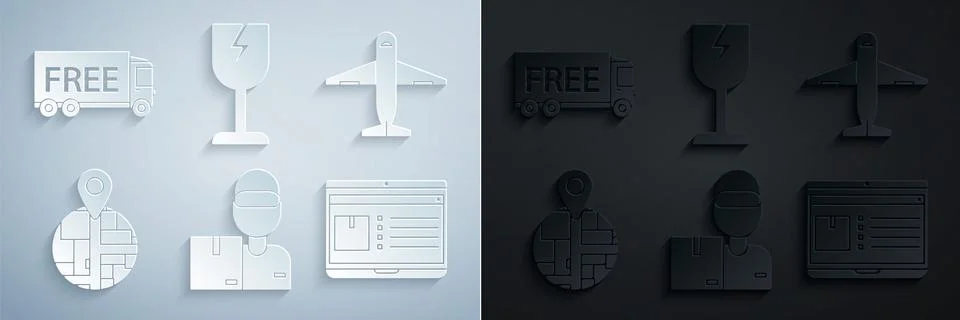 Set Delivery man with cardboard boxes, Plane, , Laptop app delivery tracking Illustrazione stock