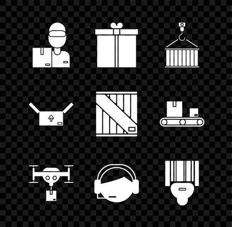 Set Delivery man with cardboard boxes, Gift, Container on crane, drone the Illustrazione stock