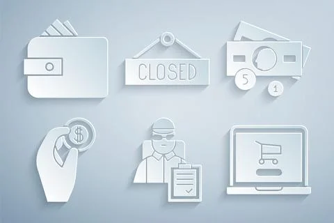 Set Delivery man with cardboard boxes, Stacks paper money cash, Hand holding Stock Illustration