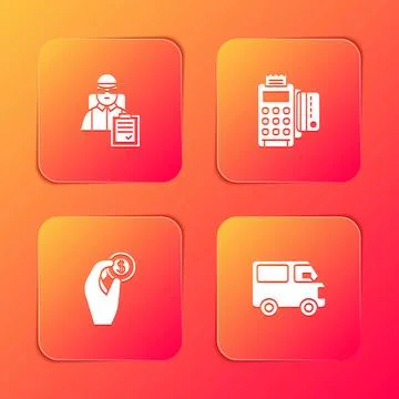 Set Delivery man with cardboard boxes, POS terminal credit, Hand holding coin Stock Illustration