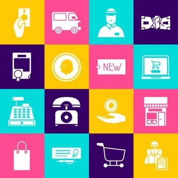 Set Delivery man with cardboard boxes, Shopping building or market store, c.. Ilustración de archivo