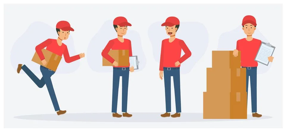 Set of delivery man in various action.Flat vector cartoon character illustrat Illustrazione stock