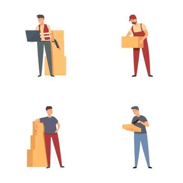 Set of delivery men characters with boxes Illustration