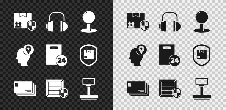 Set Delivery pack security with shield, Headphones, Push pin, Envelope, Scale 스톡 일러스트