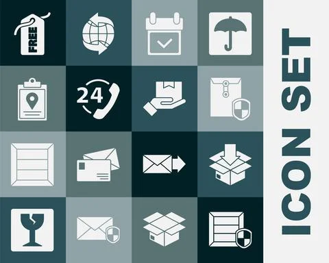 Set Delivery pack security with shield, Envelope, Calendar check mark, Telephone Stock Illustration