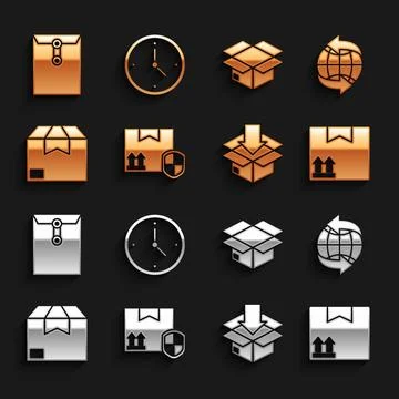 Set Delivery pack security with shield, Worldwide, Cardboard box traffic symbol 库存插图