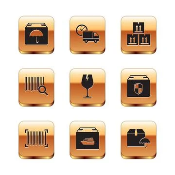 Set Delivery package with umbrella, Barcode, Cargo ship boxes, Fragile broken 库存插图