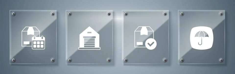 Set Delivery package with umbrella, box check mark, Warehouse and Cardboard.. Stock Illustration