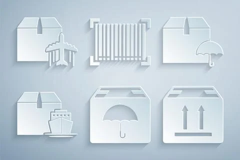 Set Delivery package with umbrella, Cargo ship boxes, Cardboard traffic, Barcode Stock-Illustration
