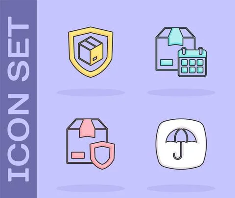 Set Delivery package with umbrella, security shield, and Cardboard box calendar Stock Illustration