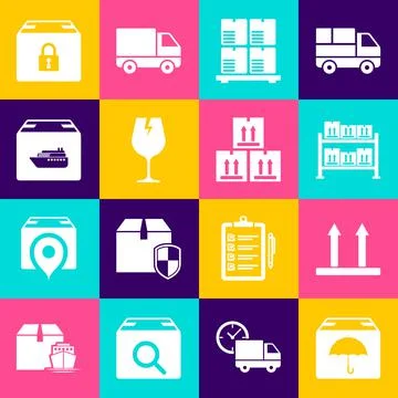 Set Delivery package with umbrella, This side up, Warehouse, Cardboard boxes on Stock Illustration
