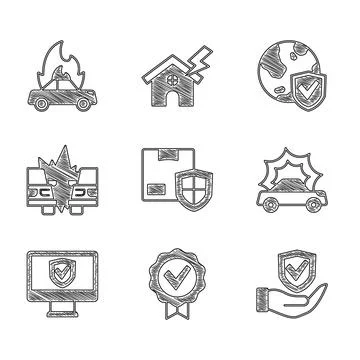 Set Delivery security with shield, Approved and check mark, Shield in hand, Car Stock Illustration