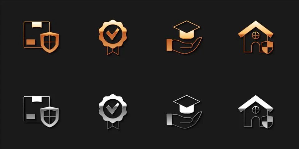 Set Delivery security with shield, Approved and check mark, Education grant and Stock Illustration