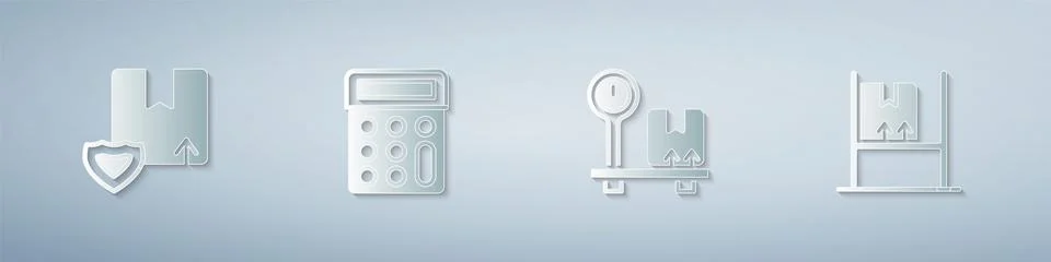 Set Delivery security with shield, Calculator, Scale cardboard box and Warehouse 스톡 일러스트