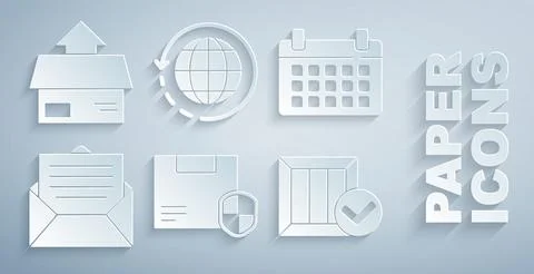 Set Delivery security with shield, Calendar, Envelope, Wooden box check mark 스톡 일러스트