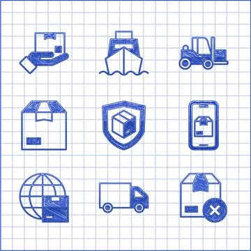 Set Delivery security with shield, cargo truck, Carton cardboard box, Mobile app Stock Illustration