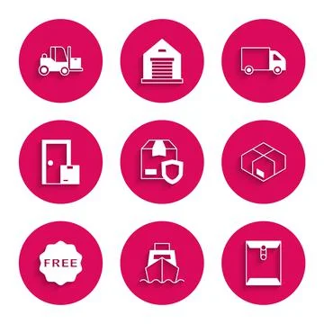 Set Delivery security with shield, Cargo ship boxes delivery, Envelope, Carton Stock Illustration