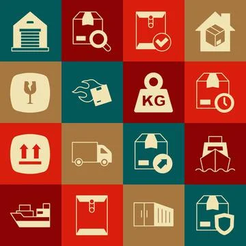 Set Delivery security with shield, Cargo ship boxes delivery, Cardboard clo.. イラスト素材