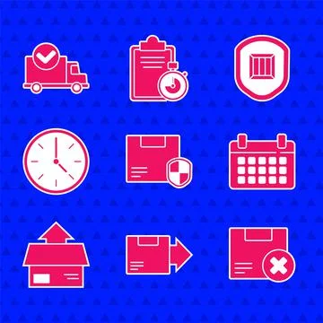 Set Delivery security with shield, Carton cardboard box, and delete, Calendar Illustrazione stock