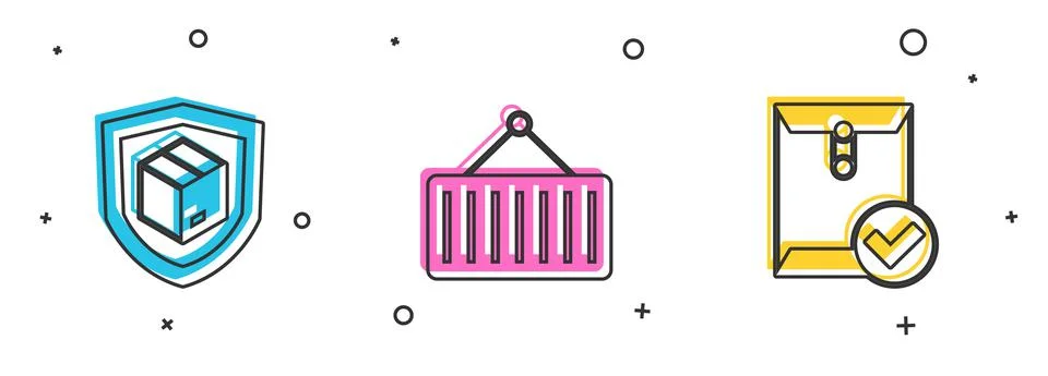 Set Delivery security with shield, Container on crane and Envelope and check Illustrazione stock