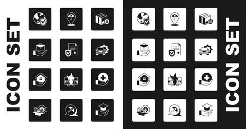 Set Delivery security with shield, Contract, Hand holding briefcase, Shield.. Stock Illustration