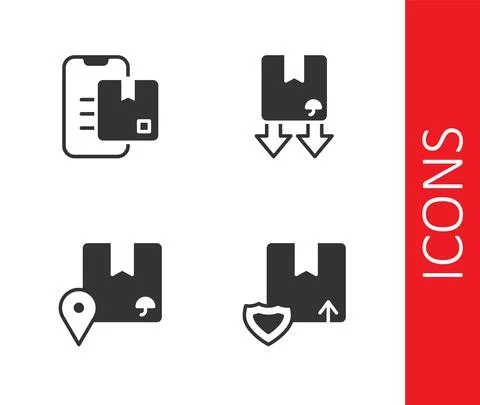 Set Delivery security with shield, Document tracking marker, Location cardboard Illustrazione stock