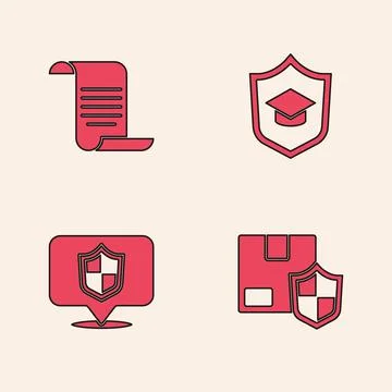 Set Delivery security with shield, Document, Graduation cap and Location icon Stock Illustration