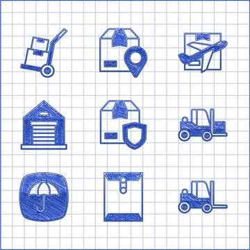 Set Delivery security with shield, Envelope, Forklift truck, package umbrella 스톡 일러스트