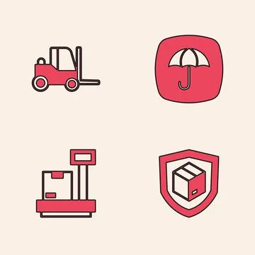 Set Delivery security with shield, Forklift truck, package umbrella and Scale Illustrazione stock