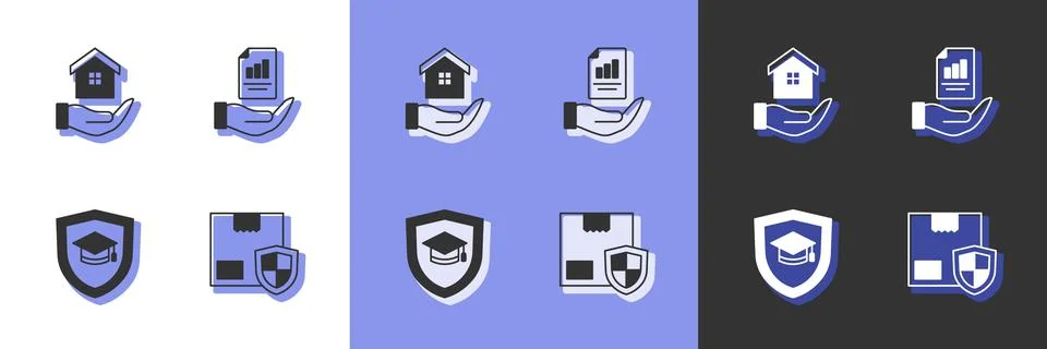 Set Delivery security with shield, House in hand, Graduation cap and Contract Stock Illustration