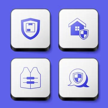 Set Delivery security with shield, House, Life jacket and Shield icon. White Stock Illustration