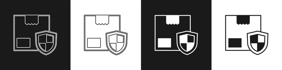 Set Delivery security with shield icon isolated on black and white background Stock Illustration